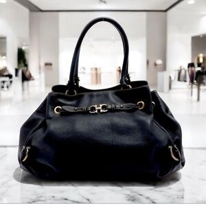 Salvatore Ferragamo Black Pebbled Leather Shoulder Bag with Gold Hardware